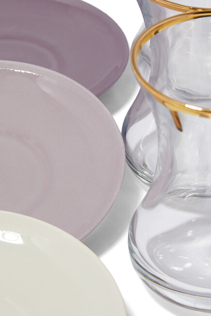 Tea Glass and Porcelain Saucers, Set of 6